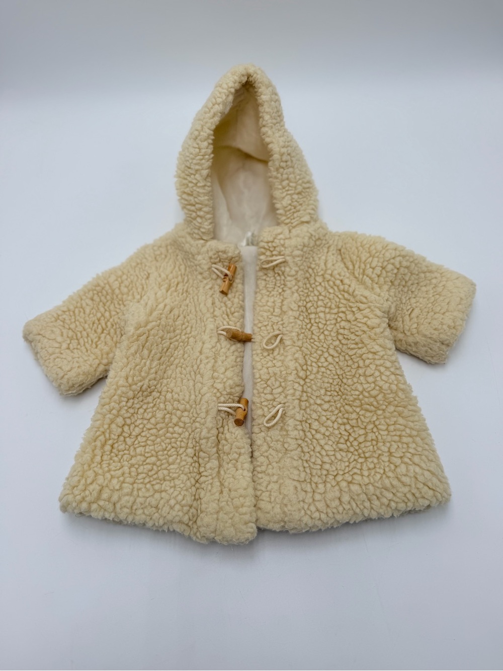 Vintage French Kids Teddy Coat Made in France Cream Sherpa Hood Bamboo Toggles